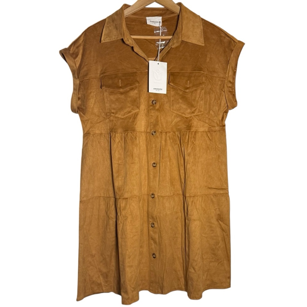 Andree By Unit Faux Suede Short Sleeve Tiered Button Dress Collared Womens L - Picture 2 of 10
